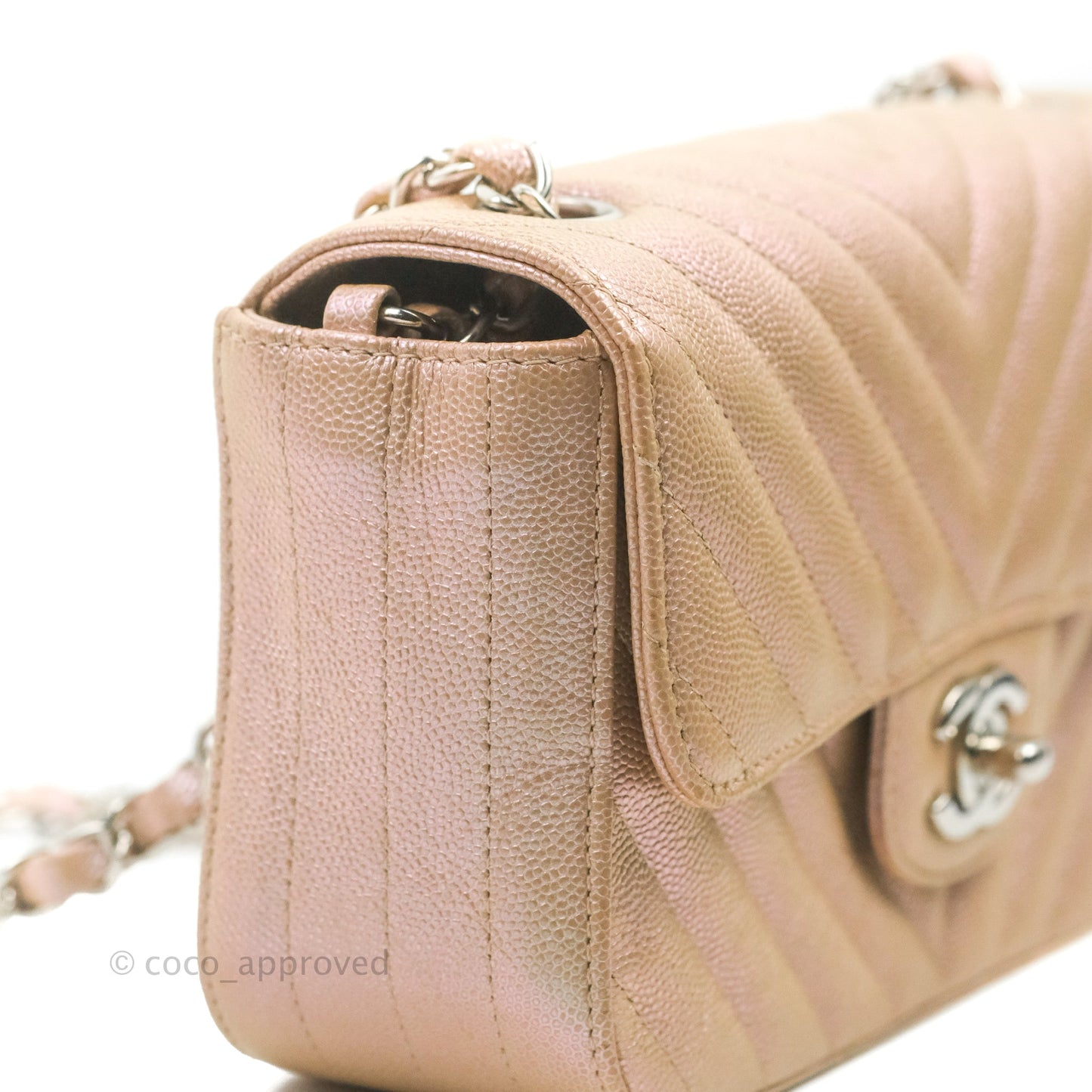 Chanel Quilted Mini Rectangular Flap Iridescent Pink Rose Gold Silver Hardware 17B