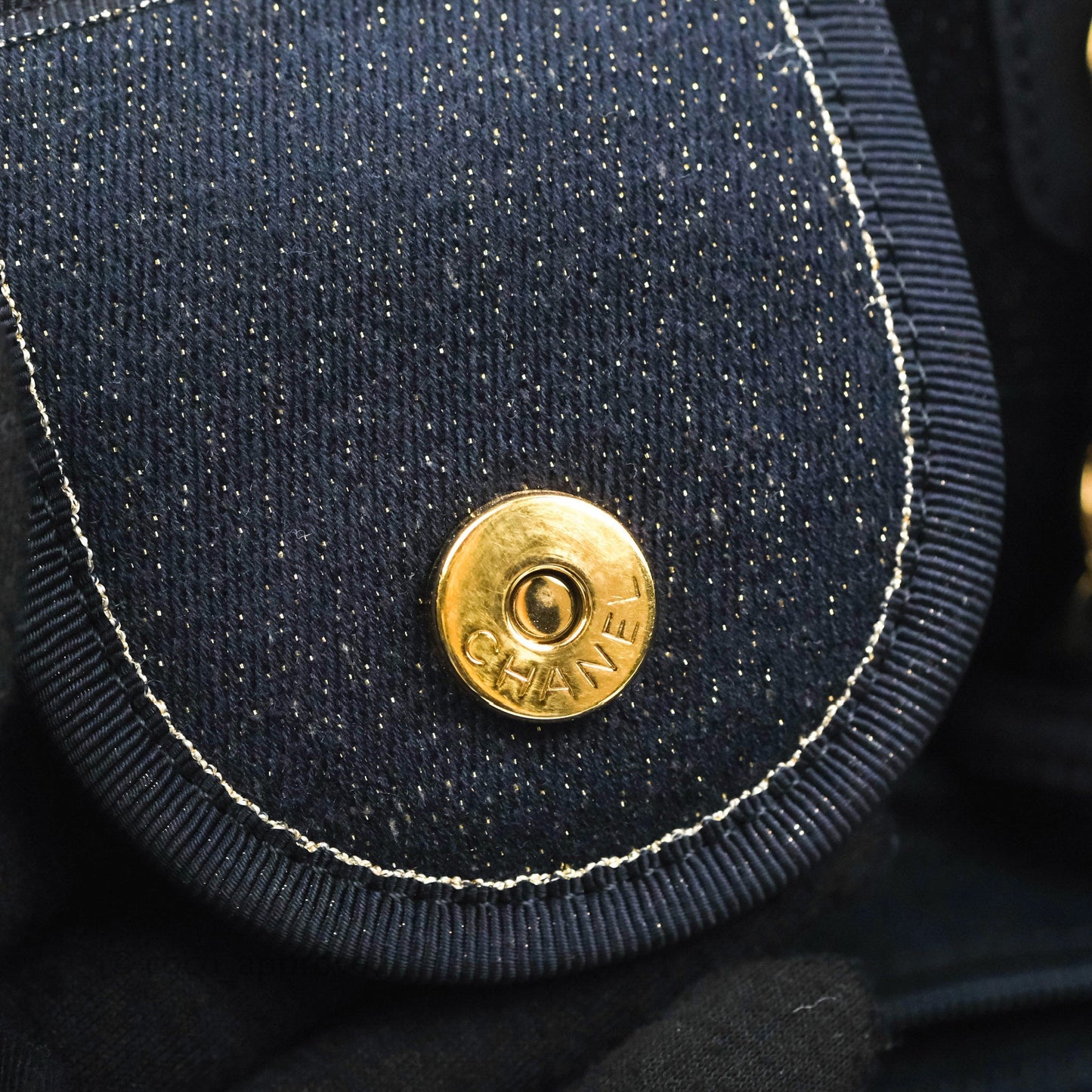 Chanel Canvas Large Deauville Tote Navy Glittery Gold Logo 19B