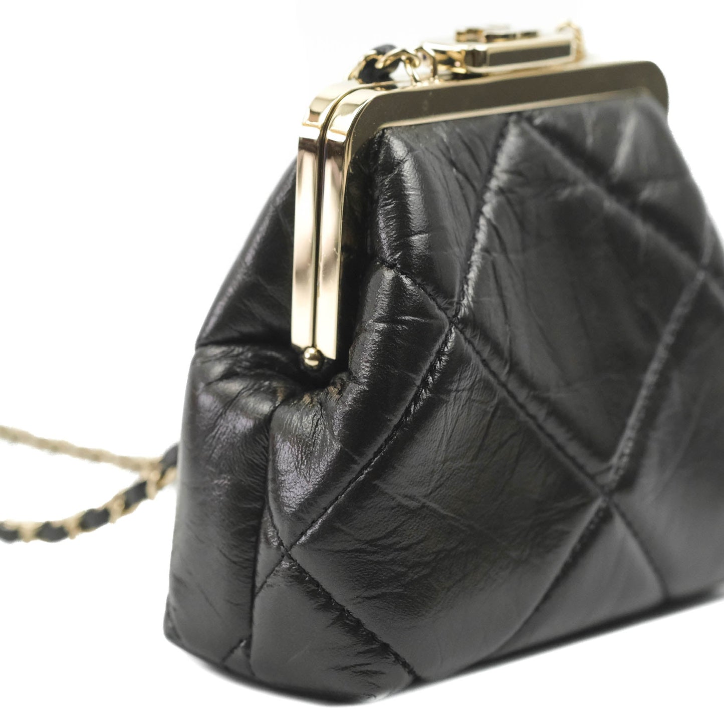 Chanel Kisslock Clutch with Chain Black Shiny Aged Lambskin Gold Hardware