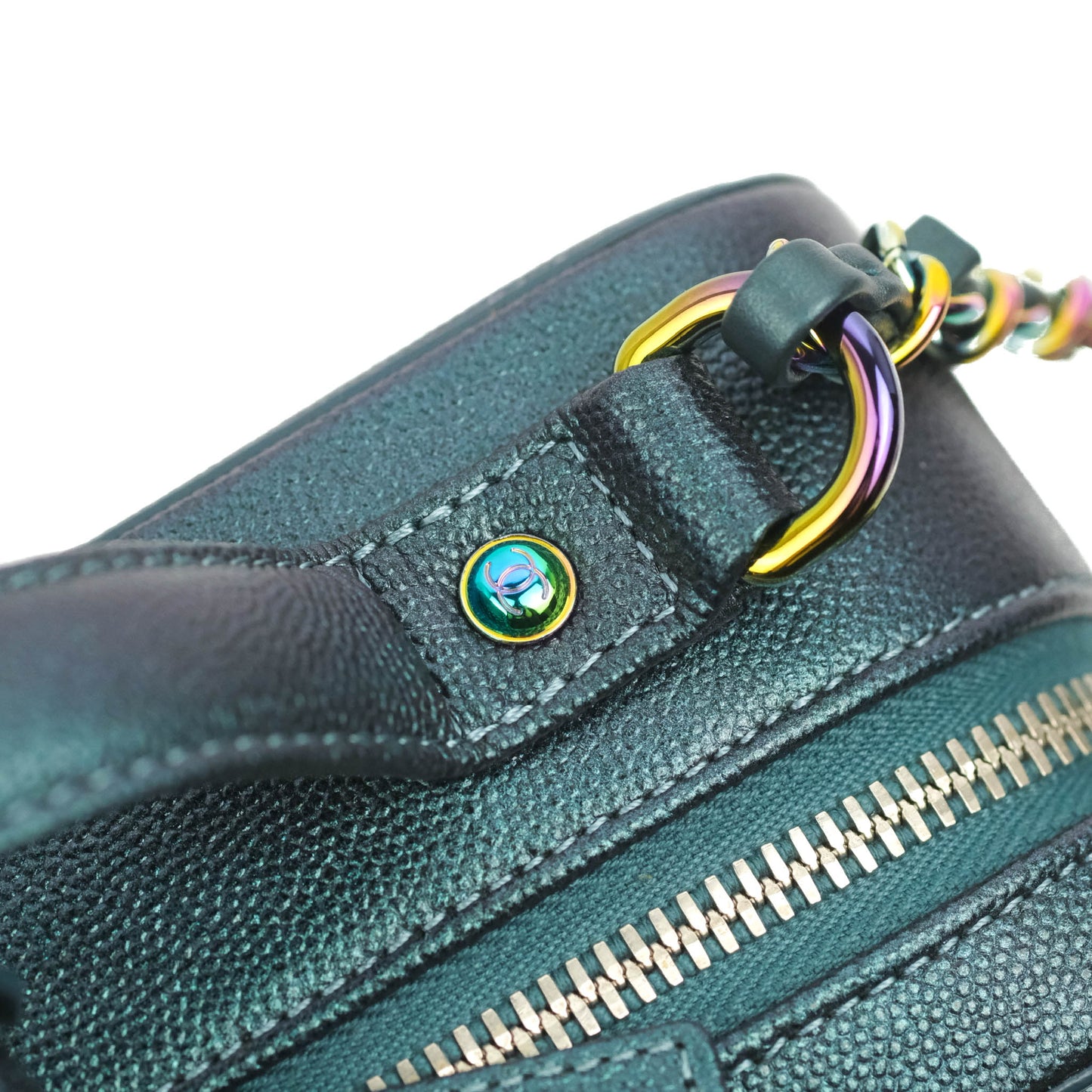 Chanel Quilted Medium CC Filigree Vanity Case Iridescent Dark Turquoise Caviar Rainbow Hardware