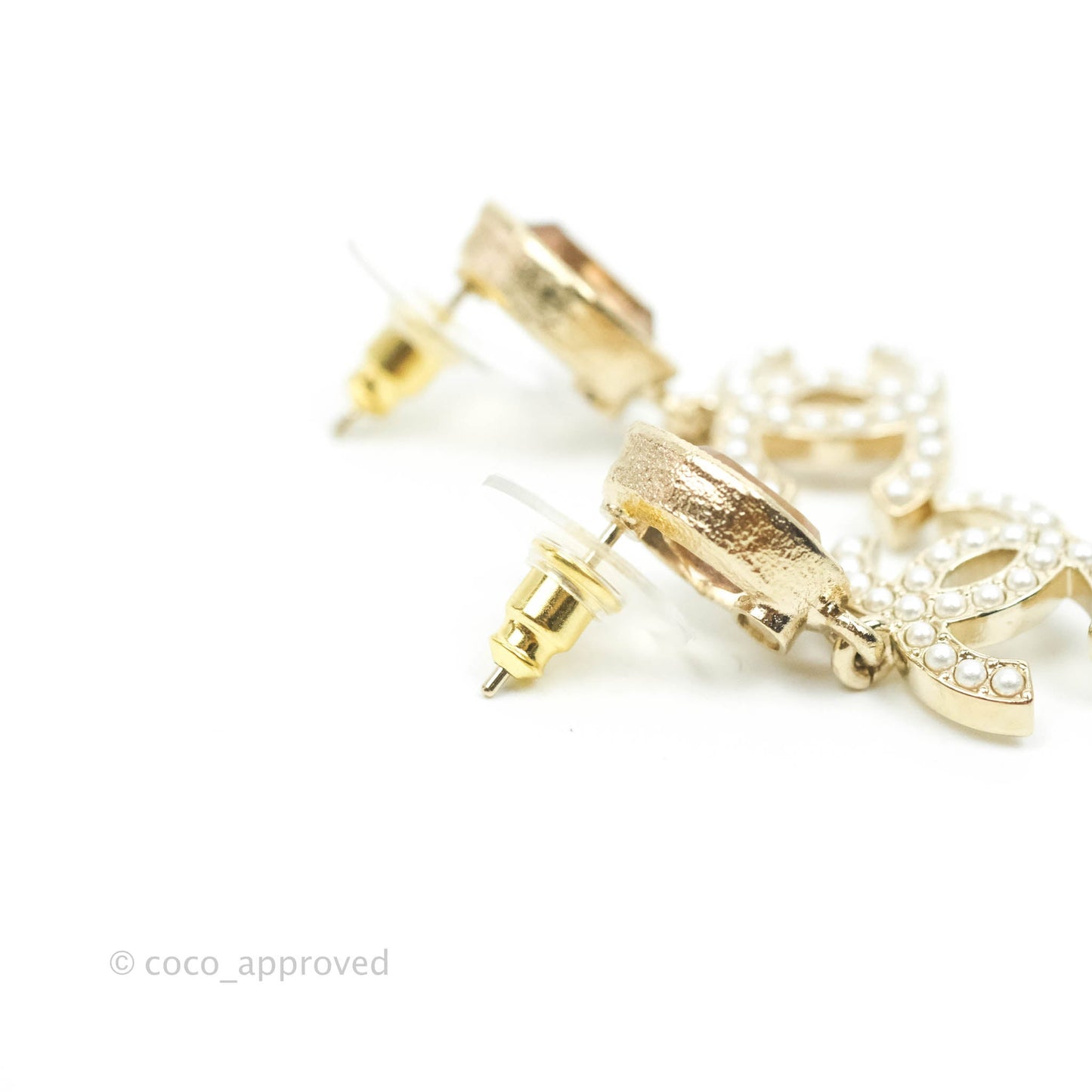Chanel Champagne Resin Pearl CC Drop Earrings Gold Tone 21B