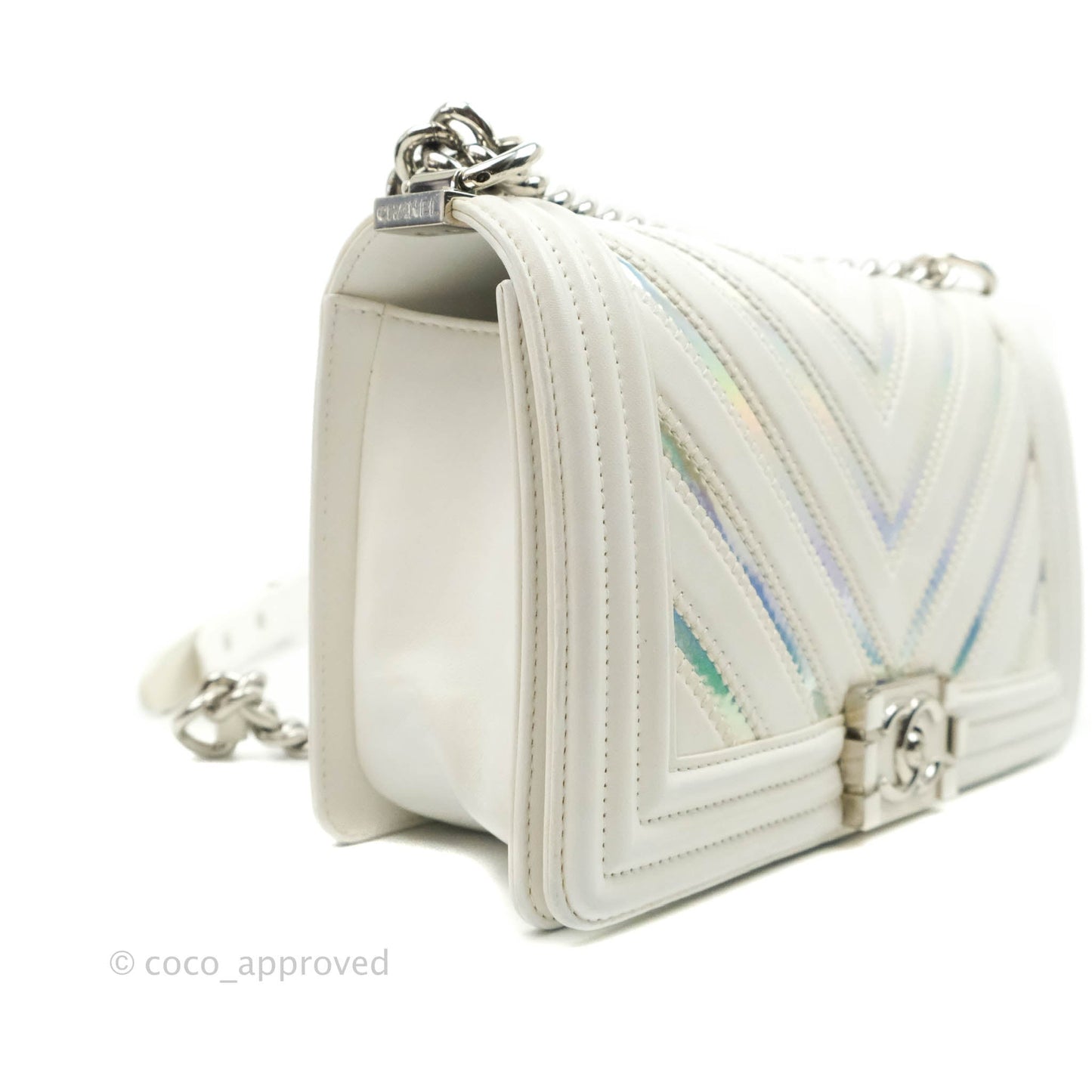 Chanel Quilted Medium Boy Flap Iridescent Chevron White Lambskin Silver Hardware