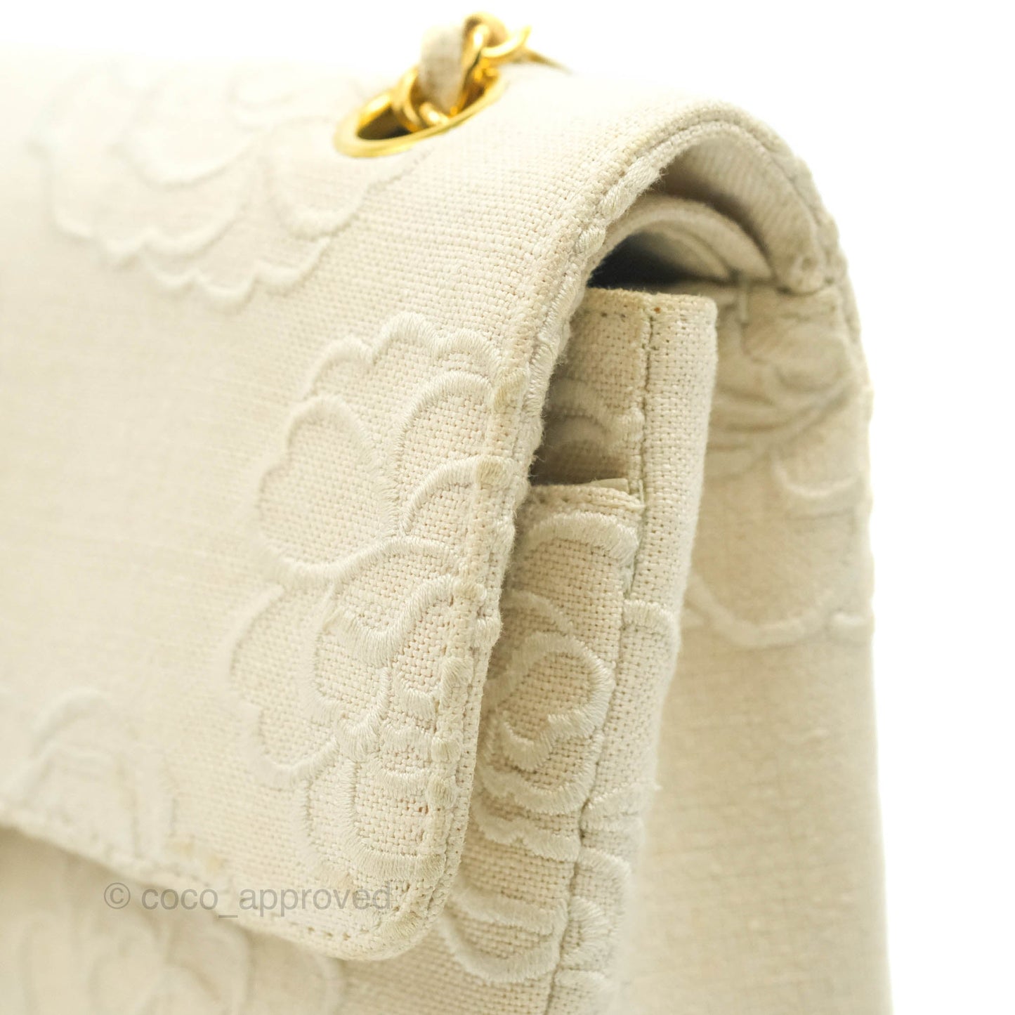 Chanel Small Flap Camellia Embroidered Ivory Beige Linen Canvas 24K Gold Hardware