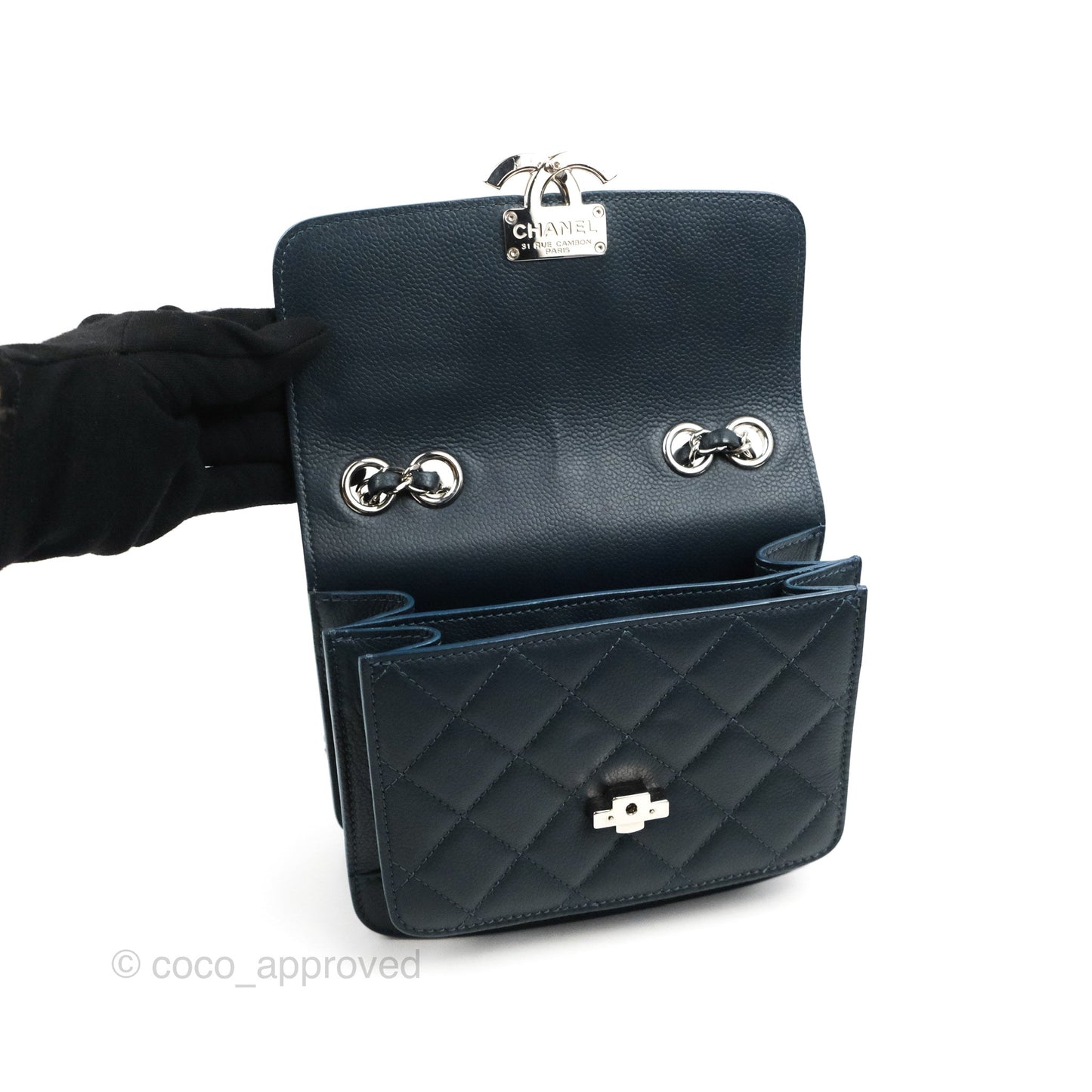 Chanel Small CC Box Flap Bag Prussian Blue Caviar Silver Hardware