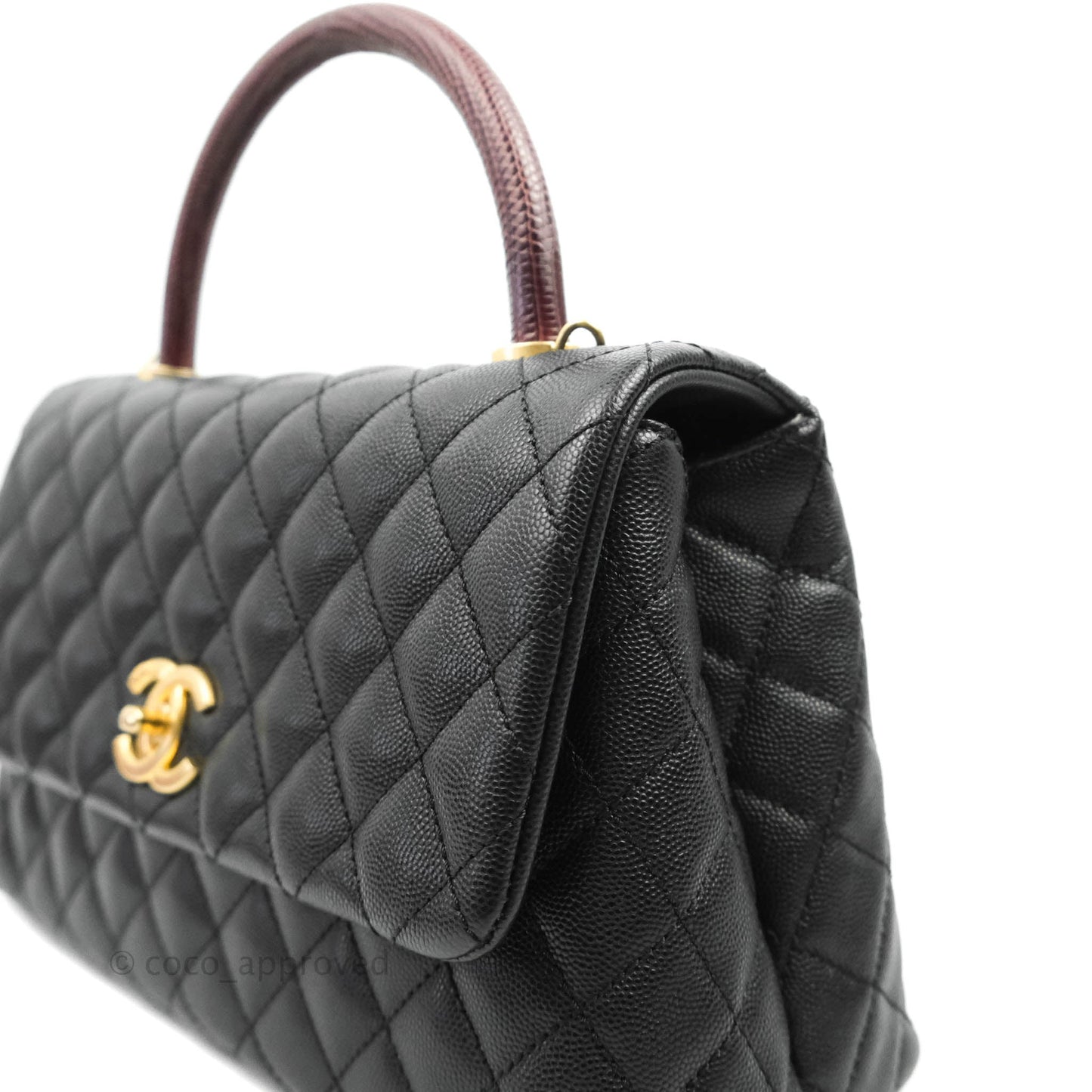 Chanel Medium Coco Handle Quilted Black Caviar Lizard Handle Gold Hardware