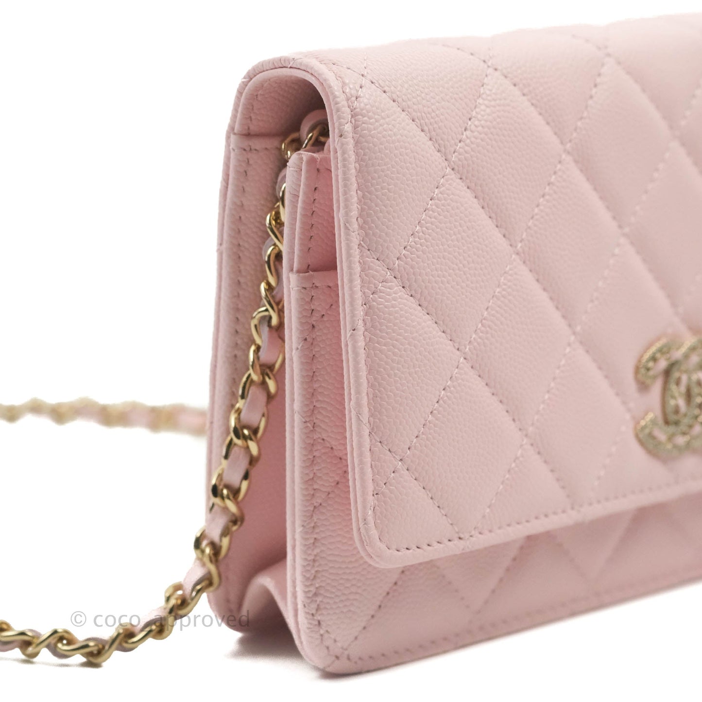 Chanel Quilted Wallet on Chain WOC Crystal Braided CC Light Pink Caviar Gold Hardware