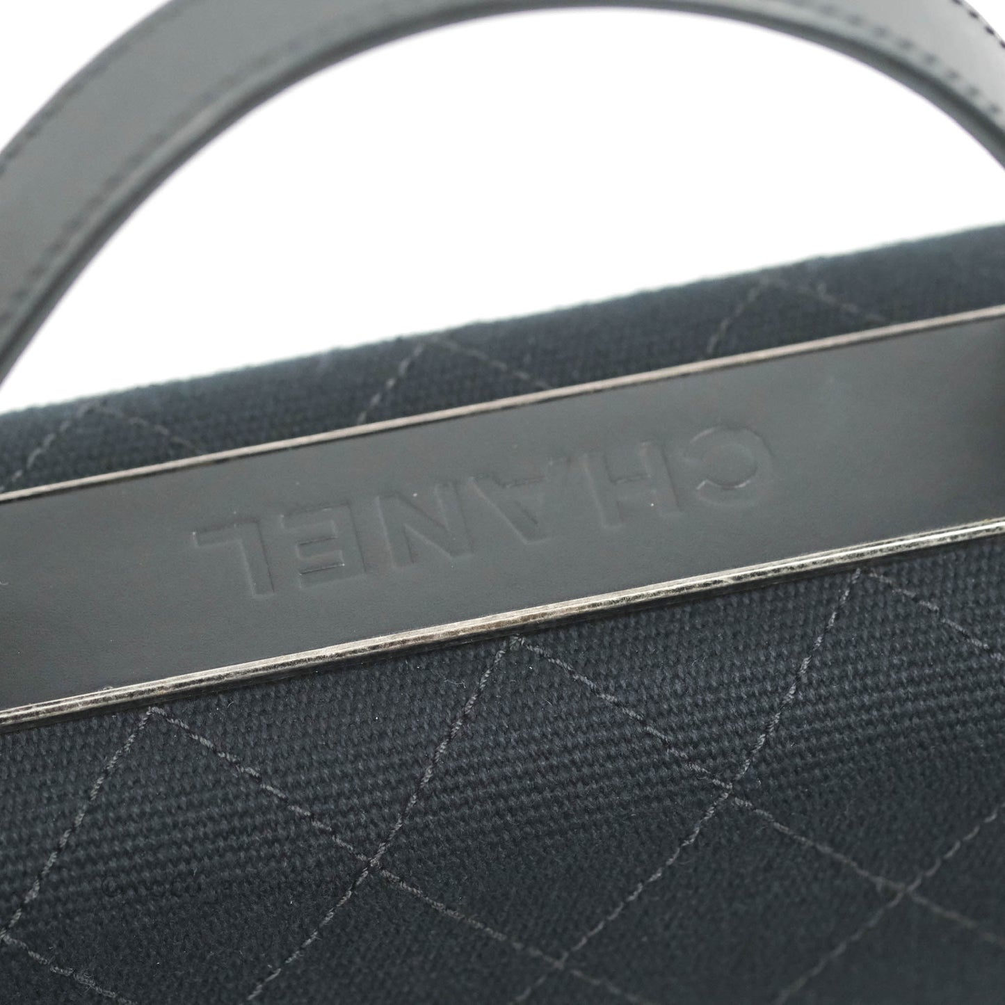Chanel Quilted CC Top Handle with Chain Dark Navy Fabric Ruthenium Hardware 15P