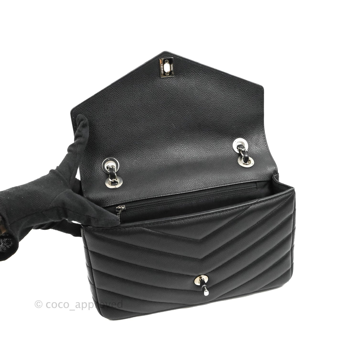 Chanel Medium Chevron Quilted Flap Black Grained Calfskin Silver Hardware