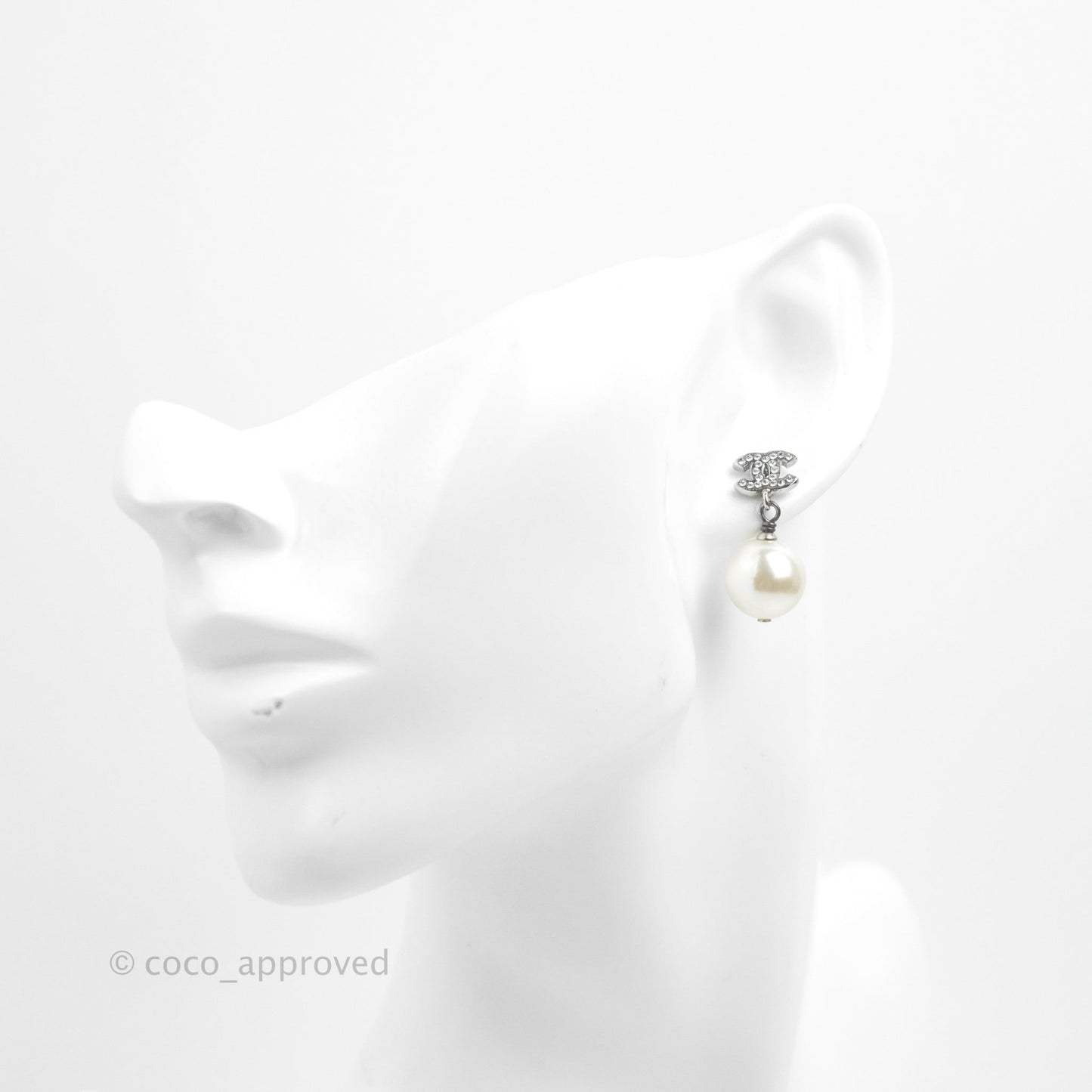 Chanel CC Crystal Pearl Drop Earrings Silver Tone 19V