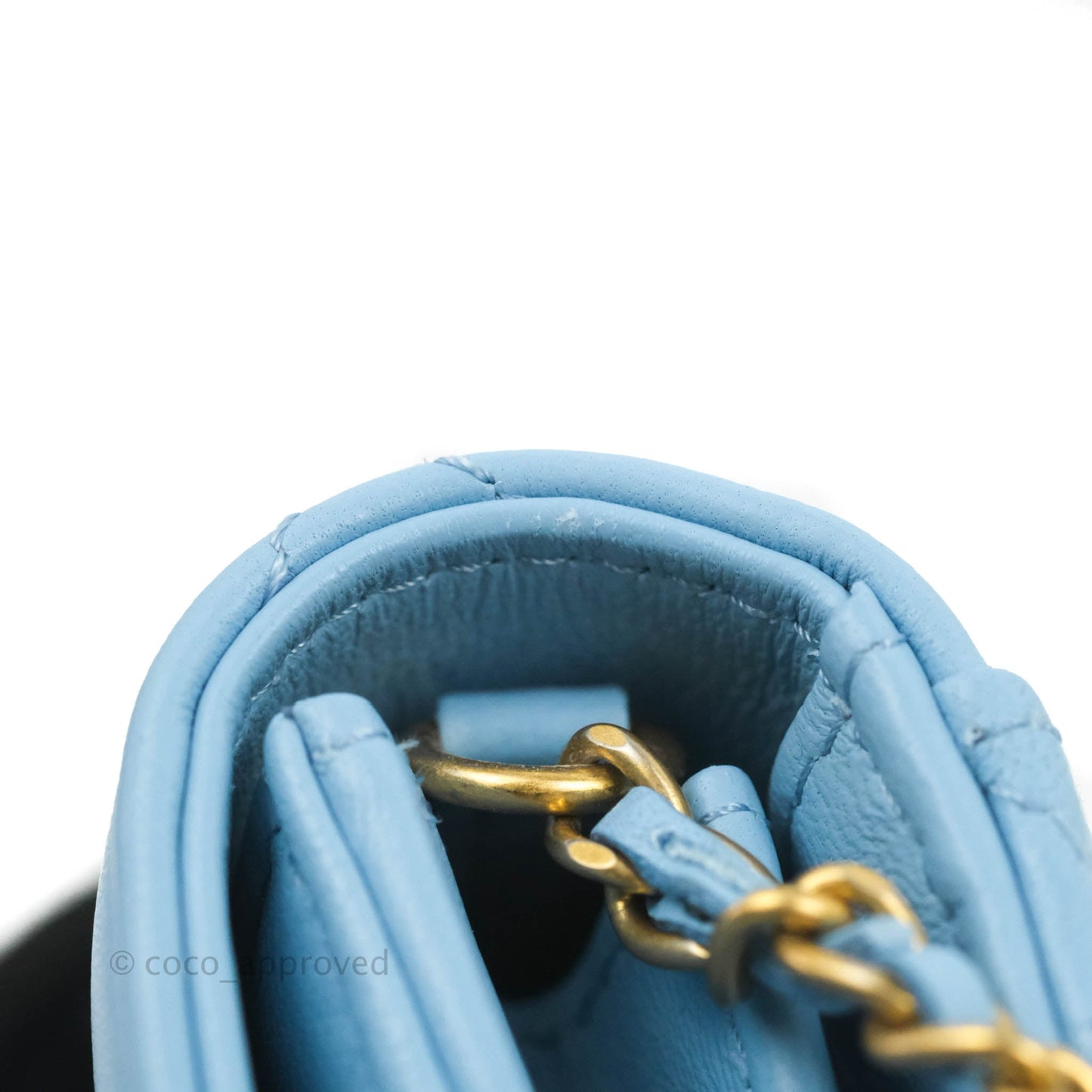 Chanel Pearl Crush Mini Clutch With Chain Blue Lambskin Aged Gold Hardware