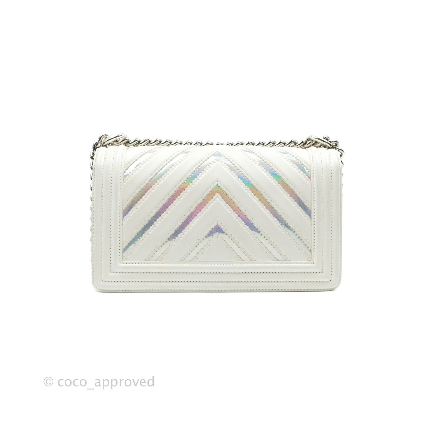 Chanel Quilted Medium Boy Flap Iridescent Chevron White Lambskin Silver Hardware