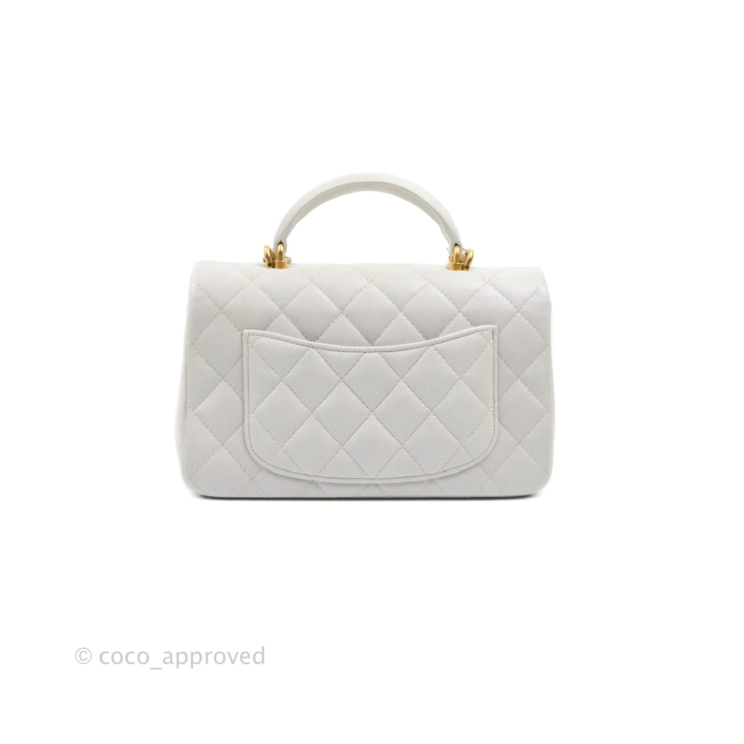 Chanel Top Handle Mini Rectangular Flap Bag Iridescent White Lambskin Aged Gold Hardware