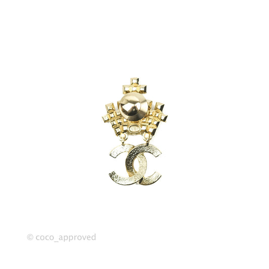 Chanel Pearl Black Resin Drop CC Brooch Gold Tone 21A