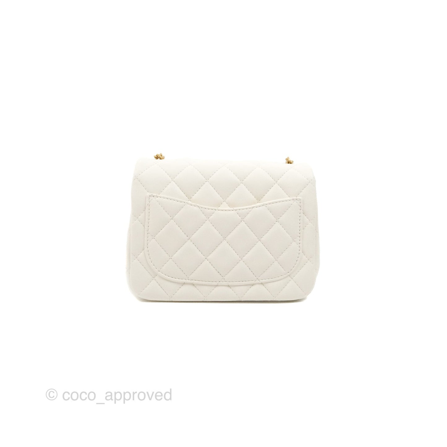 Chanel Mini Square Pearl Crush Quilted White Lambskin Aged Gold Hardware