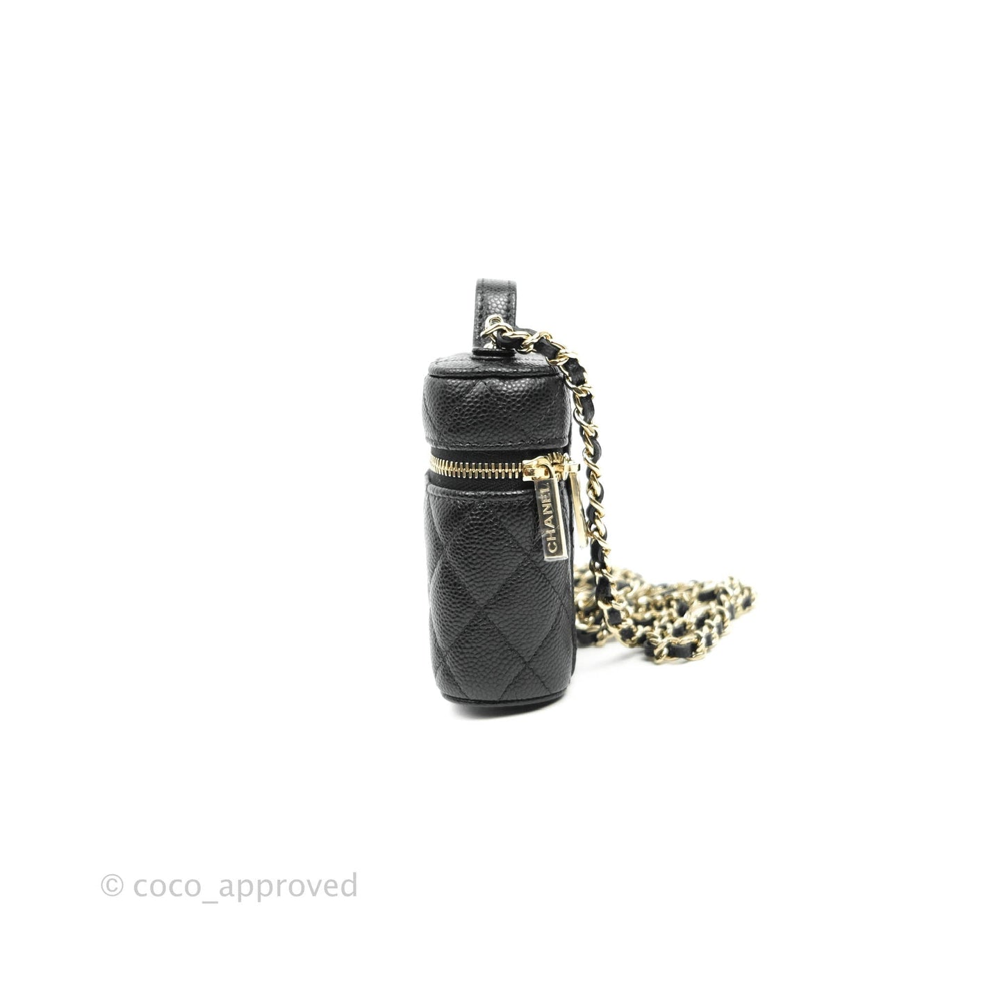 Chanel Quilted Small Handle With Care Vanity Case With Chain Black Caviar Gold Hardware