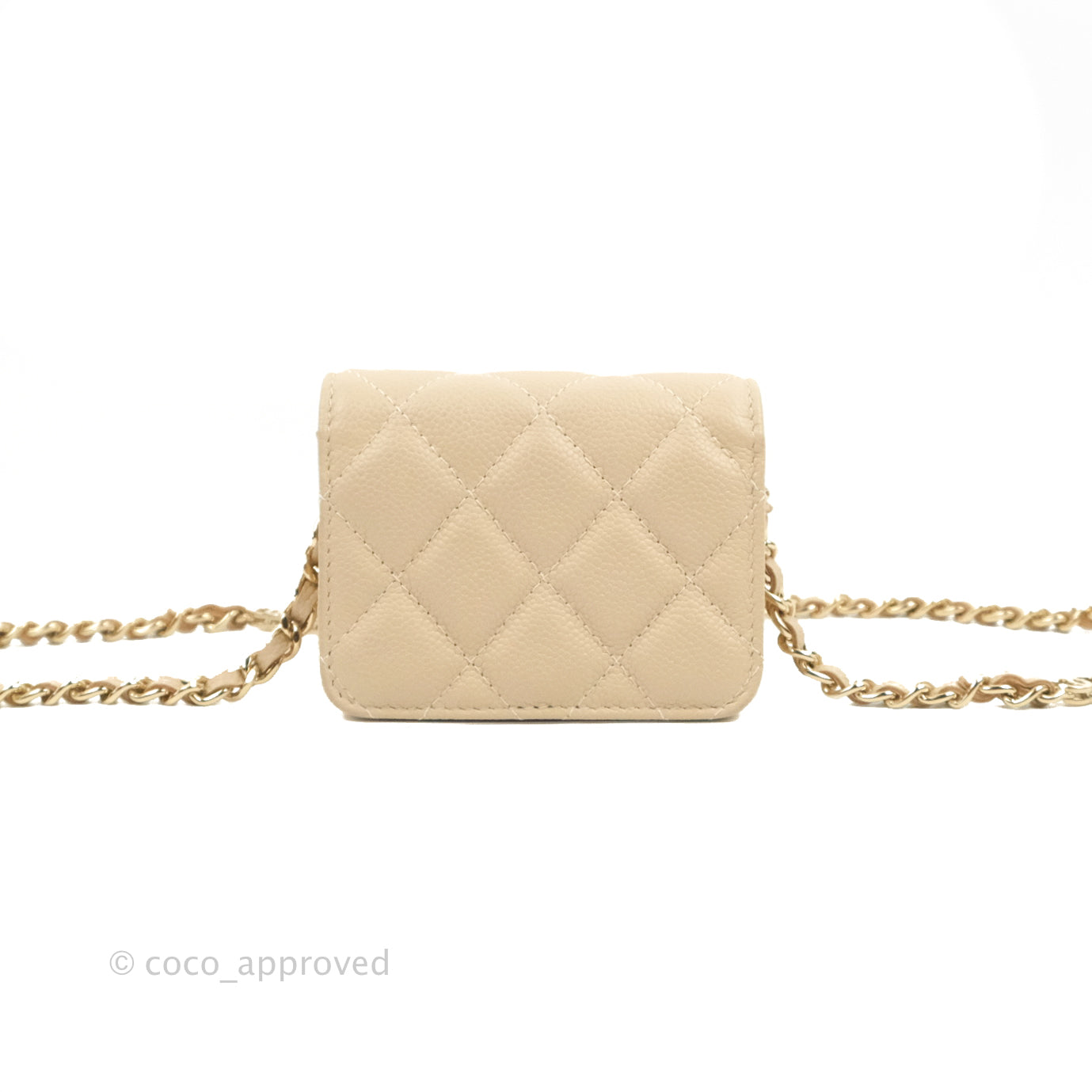Chanel Quilted Card Holder with CC Chain Beige Caviar Gold Hardware