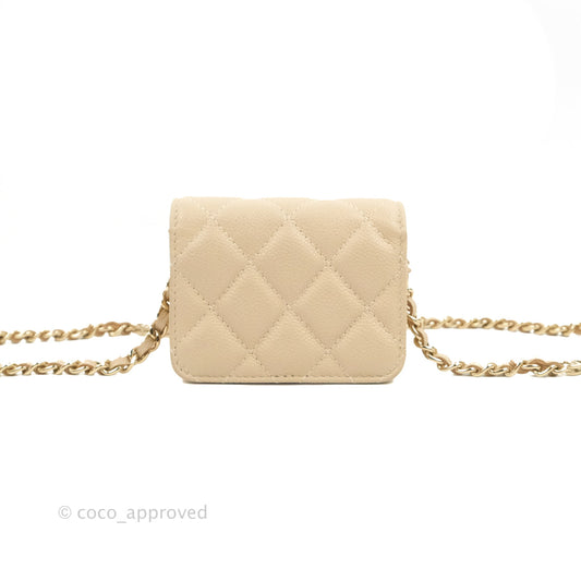 Chanel Quilted Card Holder with CC Chain Beige Caviar Gold Hardware
