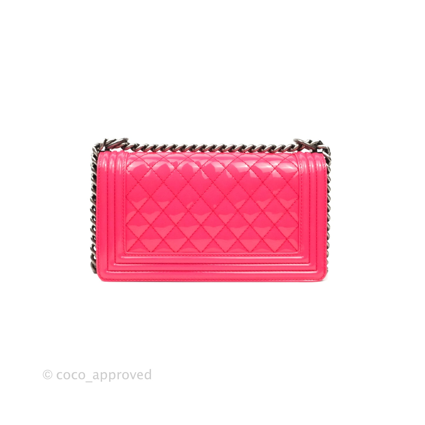 Chanel Quilted Medium Boy Bag Pink Patent Ruthenium Hardware
