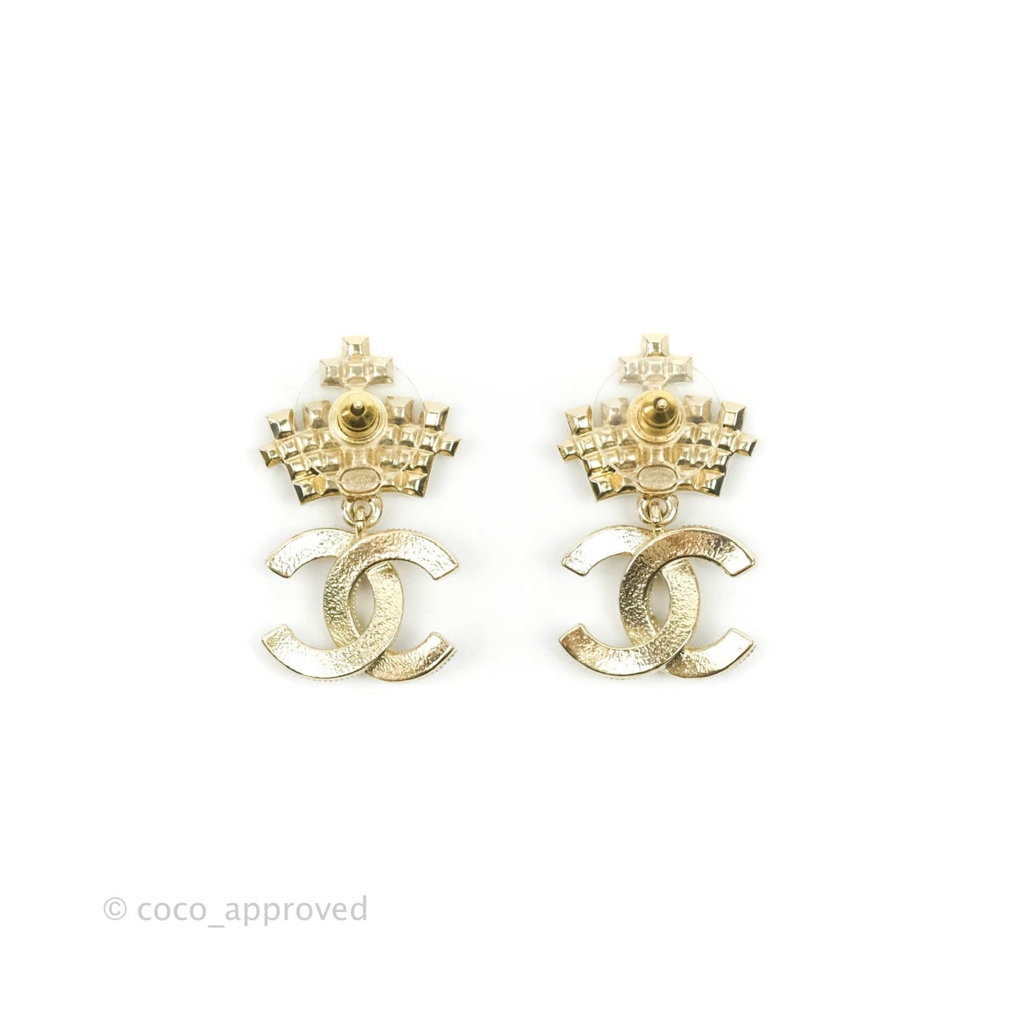 Chanel Black Resin Pearl Crown CC Drop Earrings Gold Tone 21A