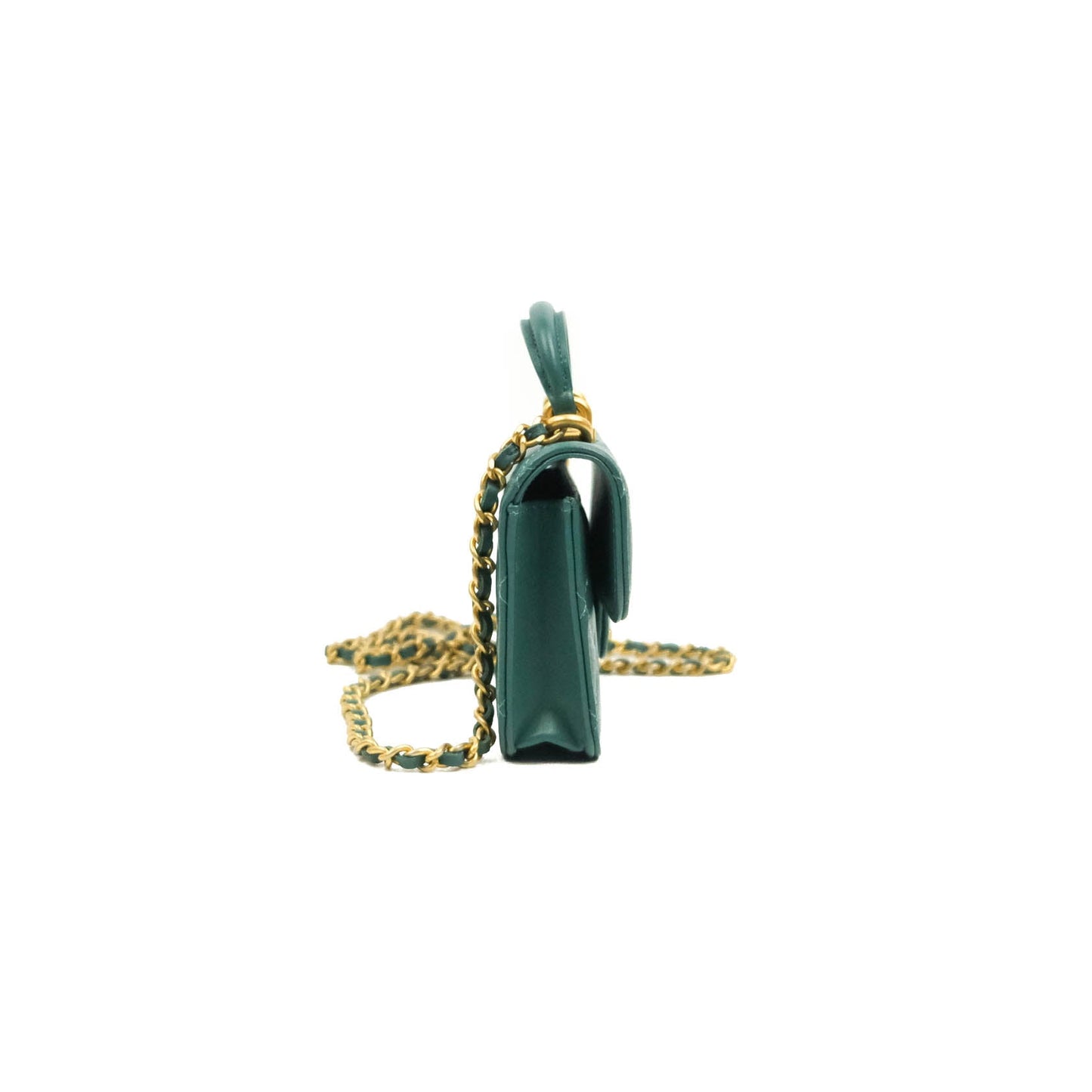 Chanel Mini Handle Flap Coin Purse With Chain Green Lambskin Gold Hardware