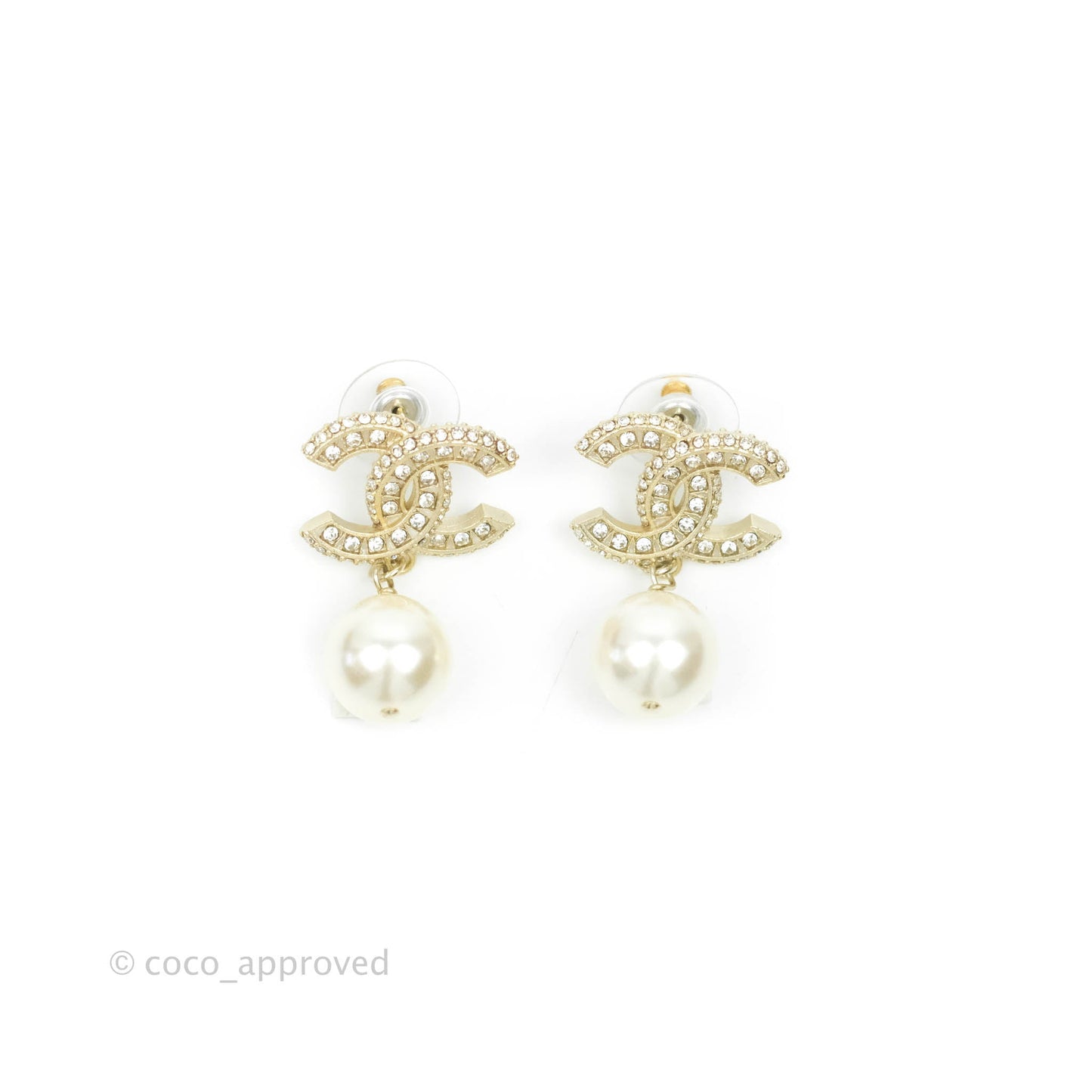 Chanel CC Rhinestone Pearl Drop Earrings Gold Tone