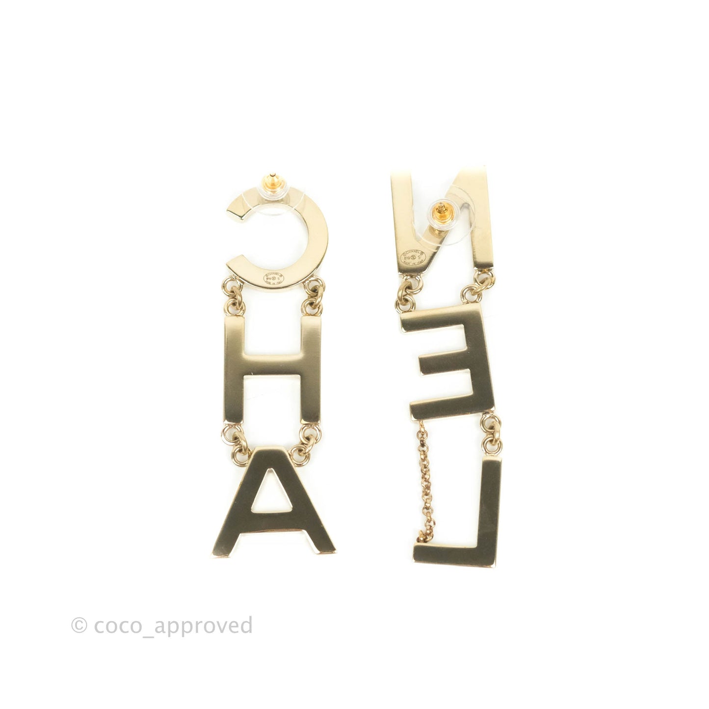 Chanel Letter Cha-Nel Logo Drop Earrings Gold Tone 19S