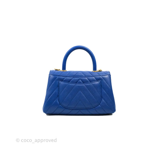 Chanel Small Coco Handle Chevron Blue Caviar Aged Gold Hardware