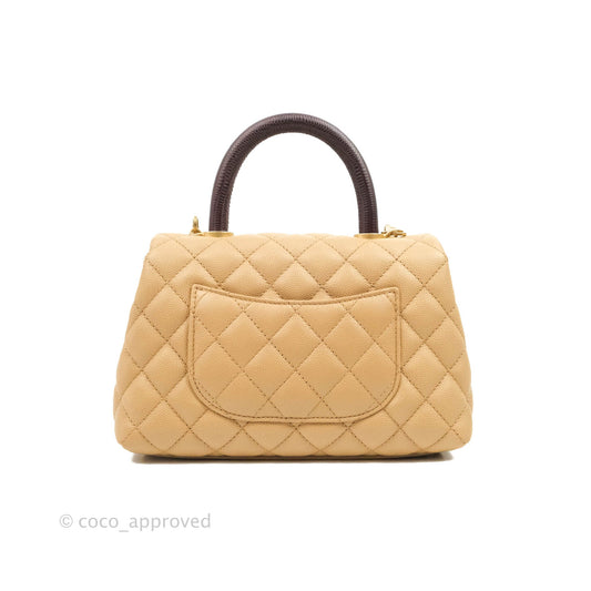 Chanel Small Coco Handle Quilted Beige Caviar Gold Hardware Lizard Embossed Handle