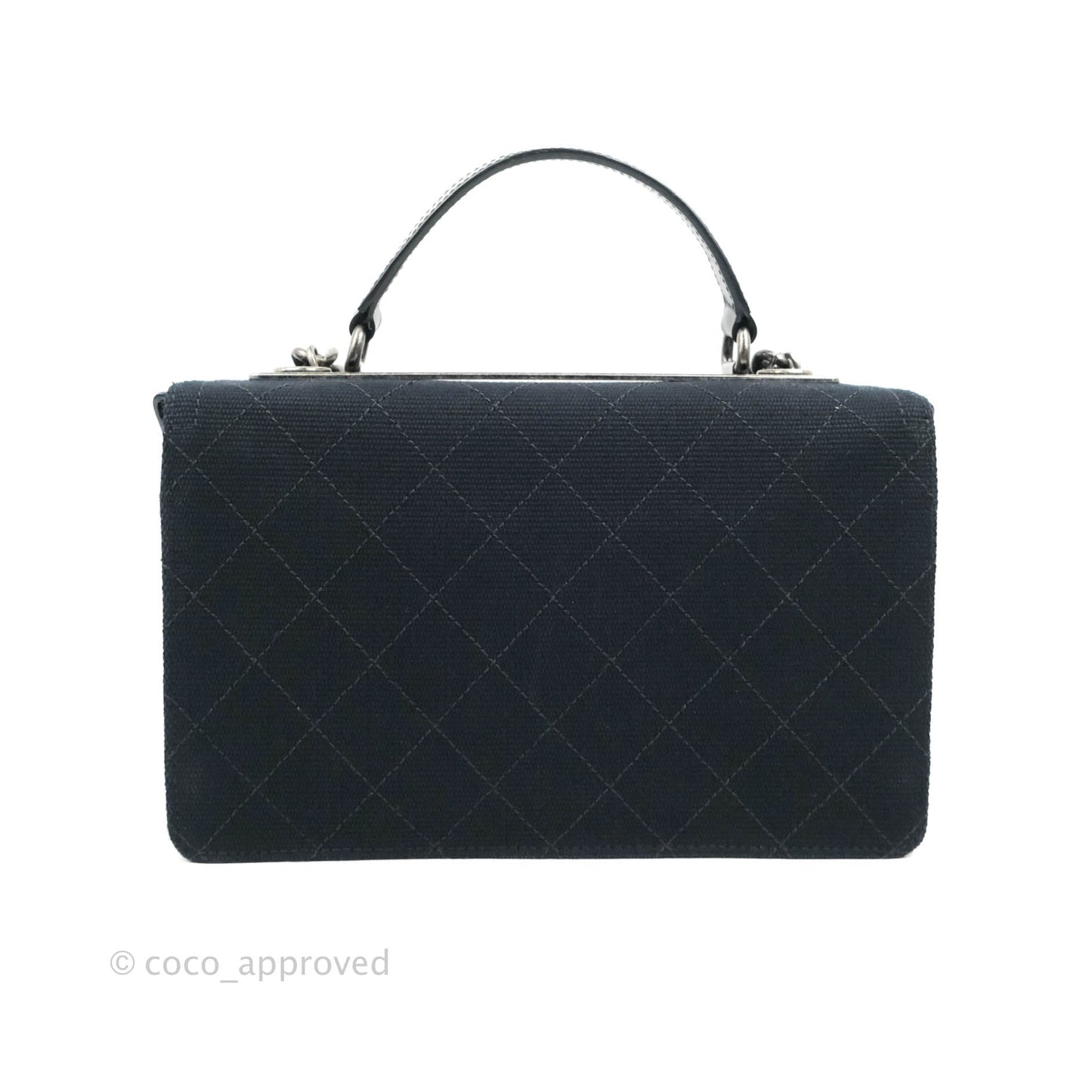 Chanel Quilted CC Top Handle with Chain Dark Navy Fabric Ruthenium Hardware 15P