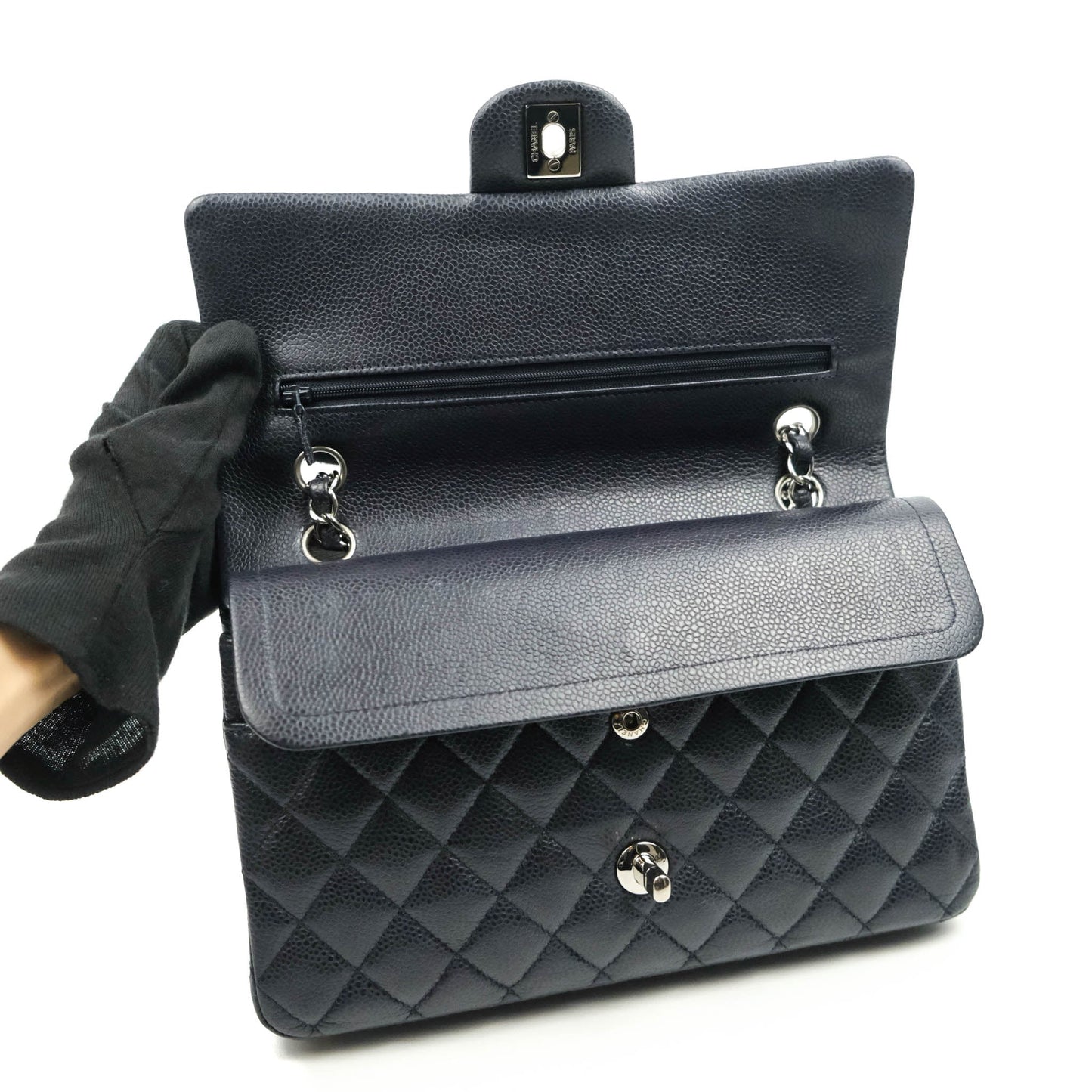 Chanel Quilted M/L Medium Double Flap Very Dark Navy Caviar Silver Hardware