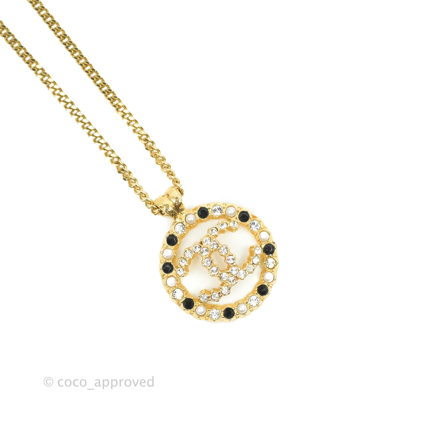 Chanel CC Pendant Necklace Gold Black White Crystal 20K
