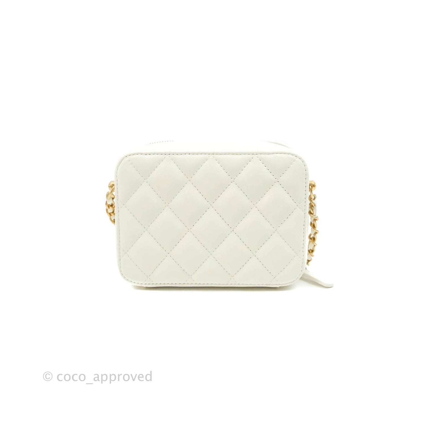 Chanel Mini Pearl Crush Quilted Camera Case White Lambskin Aged Gold Hardware