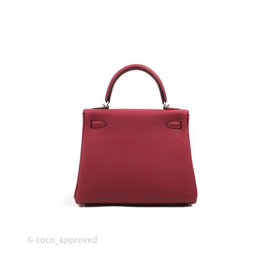 DM/email us to purchase - Hermes Kelly Retourne 25 Togo Rouge Grenat K1 Palladium Hardware