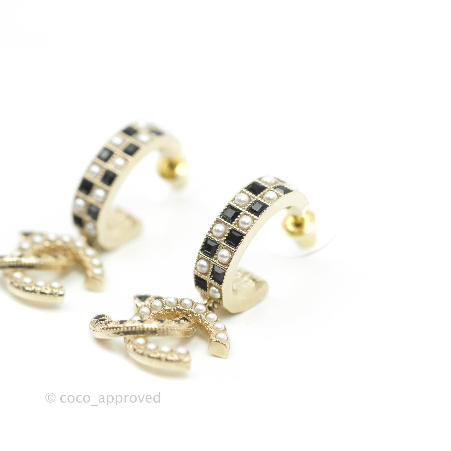 Chanel Crystal Black Resin Drop CC Hoop Earrings Gold Tone 21A