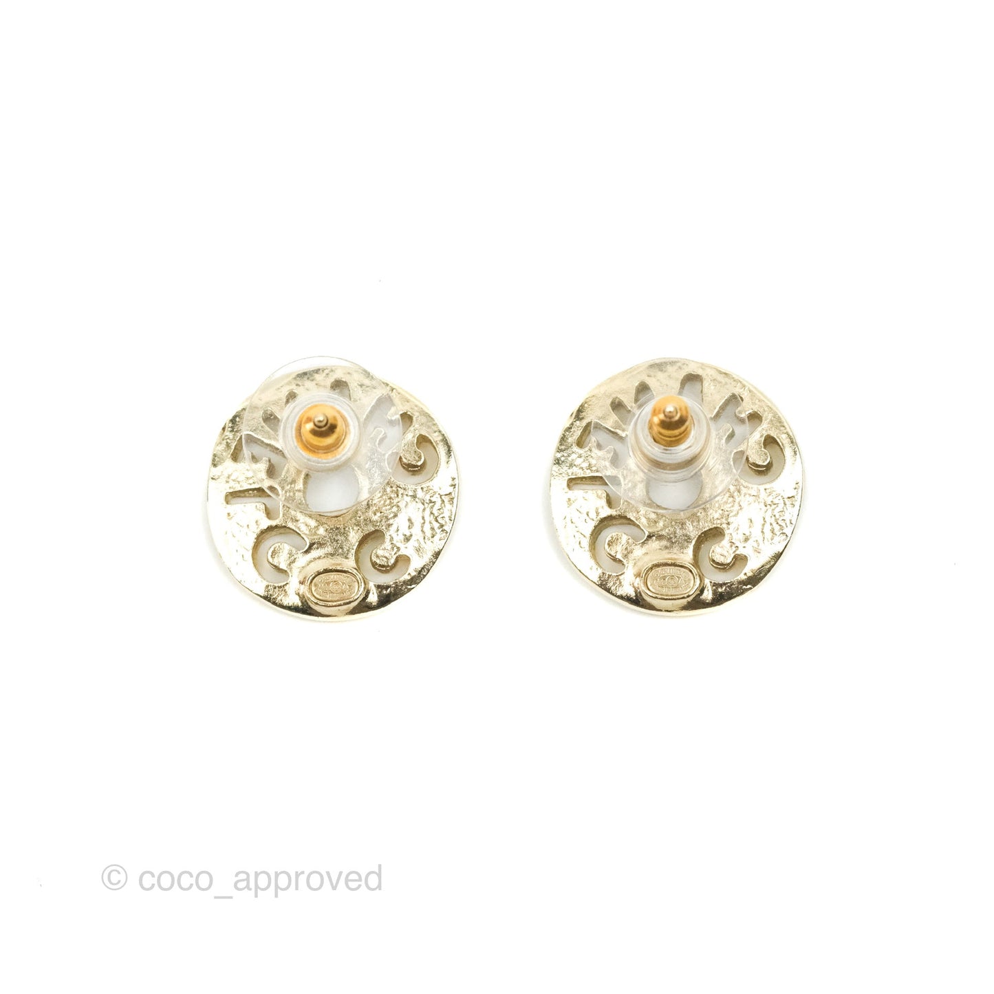 Chanel Logo Crystal/Pearl Round Earrings Gold Tone 19A