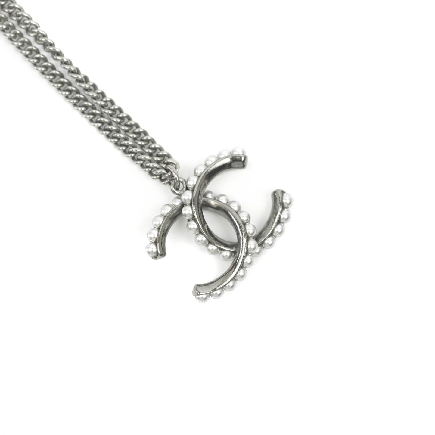 Chanel CC Pearl Necklace Gun Metal 13B
