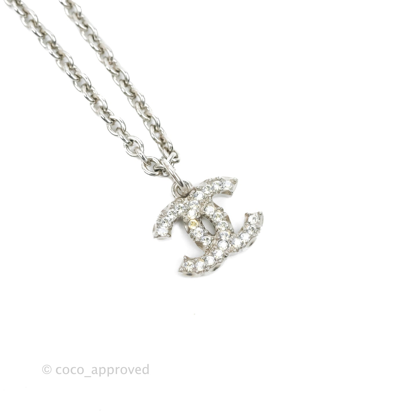 Chanel CC Crystal With Pearl Rhinestone Necklace Silver Tone 17K