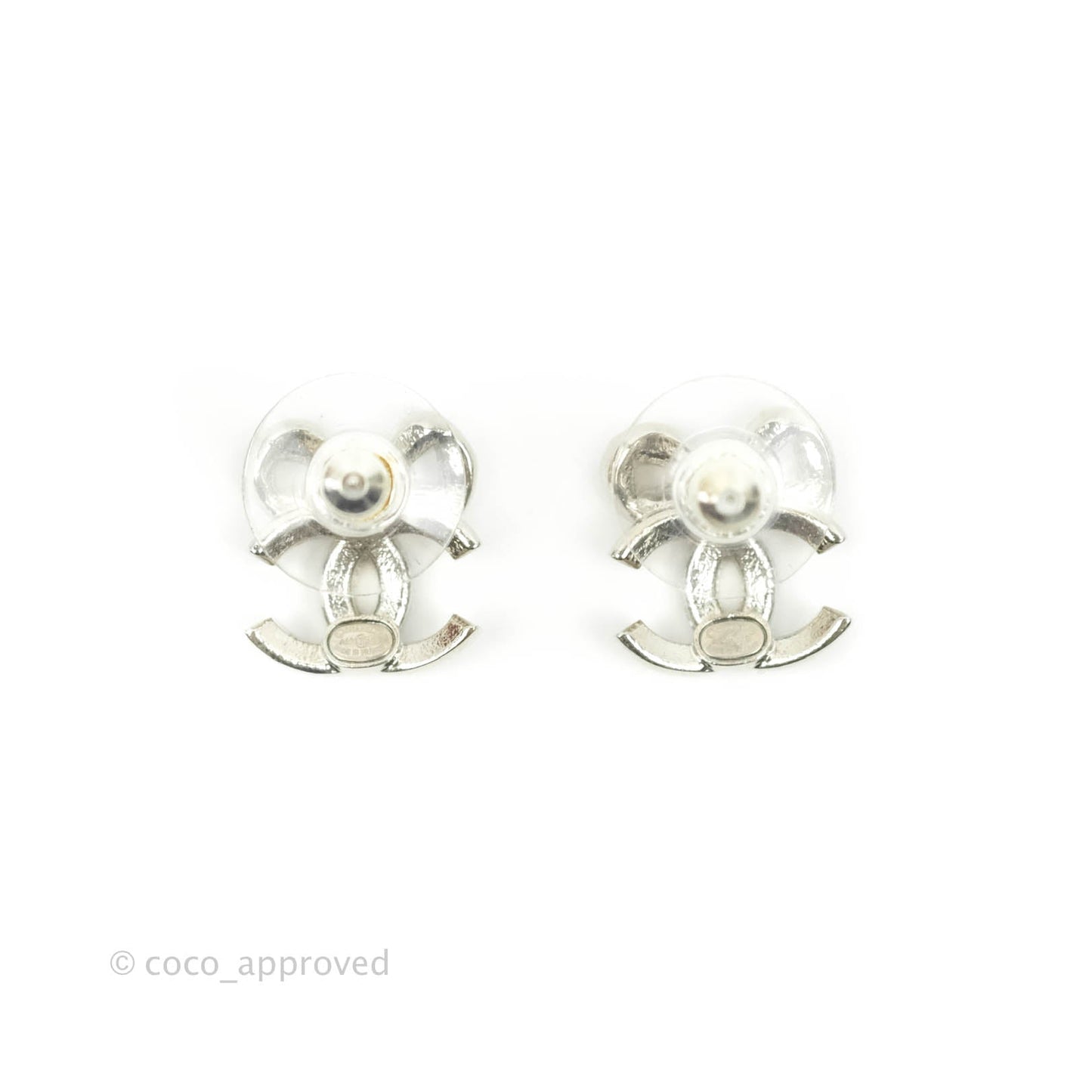 Chanel Crystal CC Bow Knot Earrings Silver Tone 22B