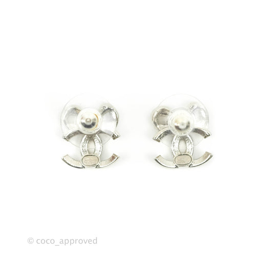 Chanel Crystal CC Bow Knot Earrings Silver Tone 22B