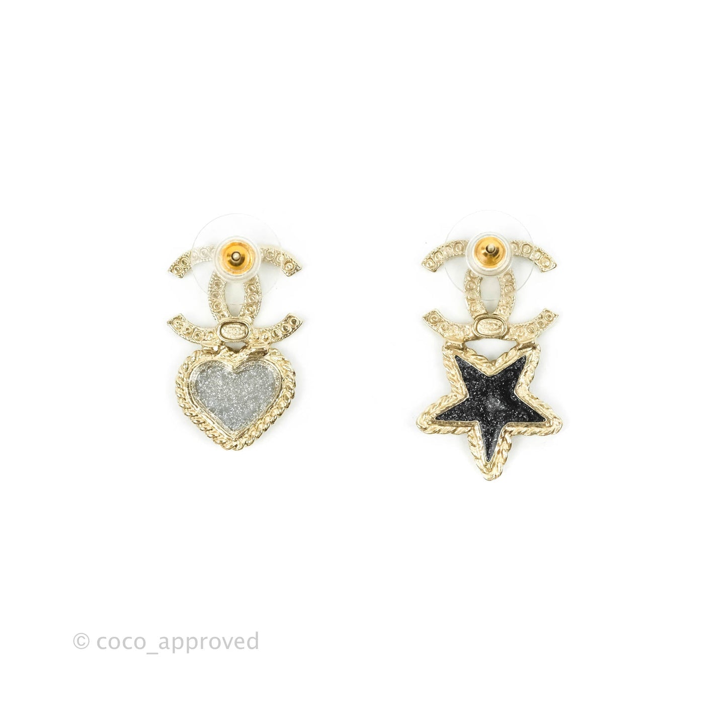 Chanel Crystal CC Glitter Heart & Star Earrings Gold Tone 20S