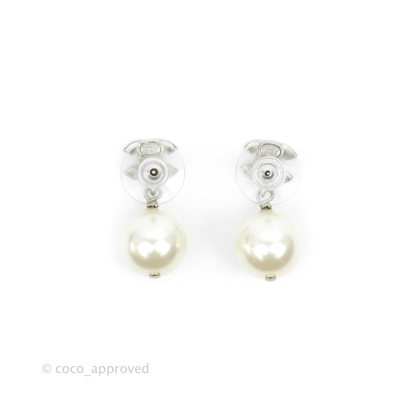 Chanel CC Crystal Pearl Drop Earrings Silver Tone 20V