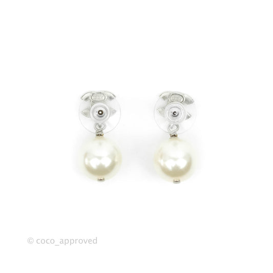 Chanel CC Crystal Pearl Drop Earrings Silver Tone 20V