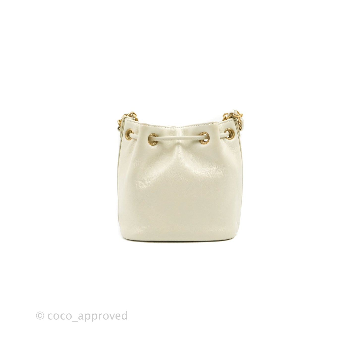 Chanel CC Small Drawstring Bucket Bag White Calfskin Aged Gold Hardware