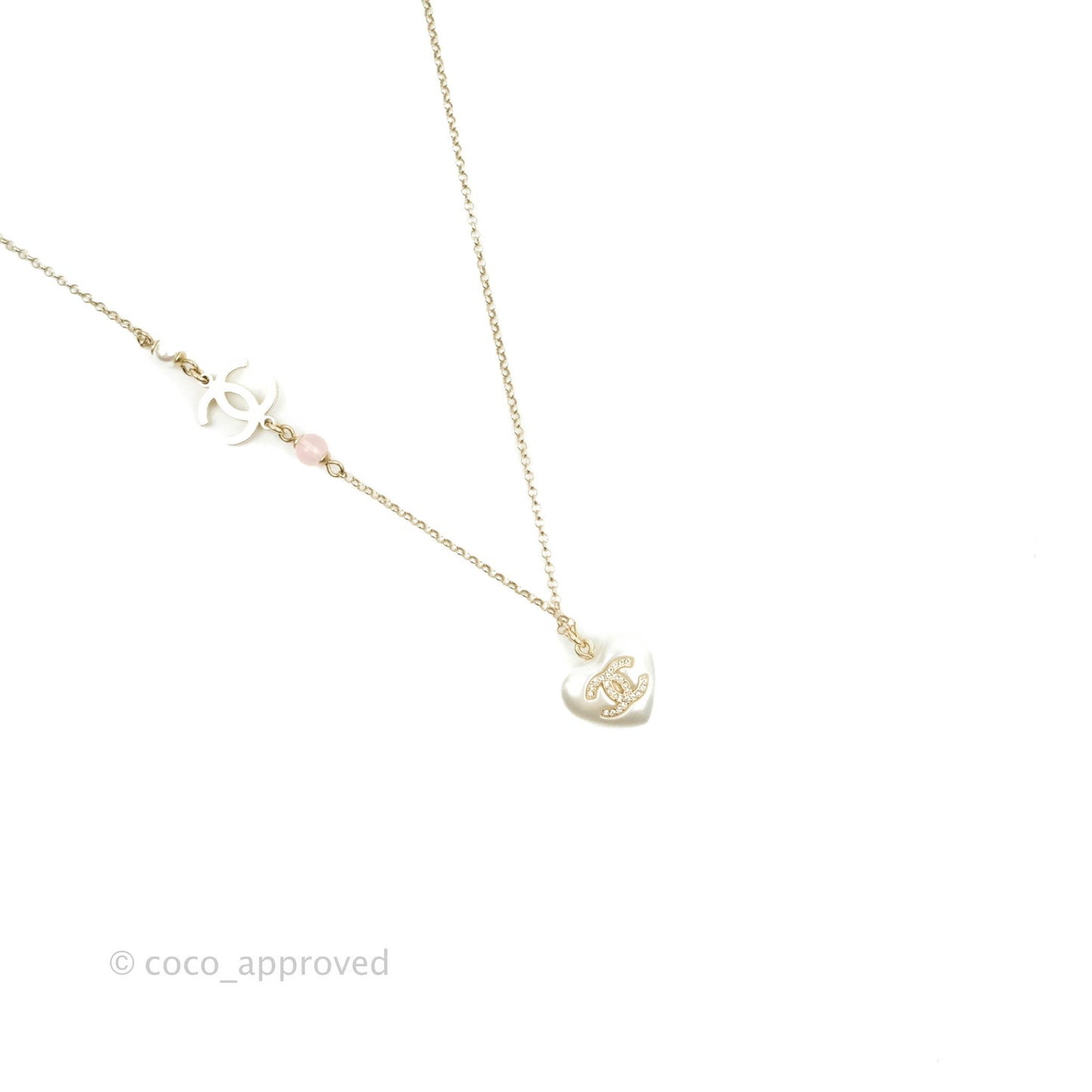 Chanel Crystal CC Pearl Heart Pendant Necklace Gold Tone 21B