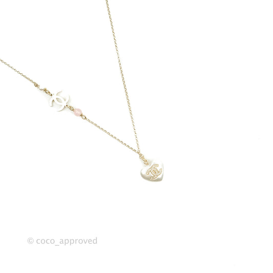 Chanel Crystal CC Pearl Heart Pendant Necklace Gold Tone 21B