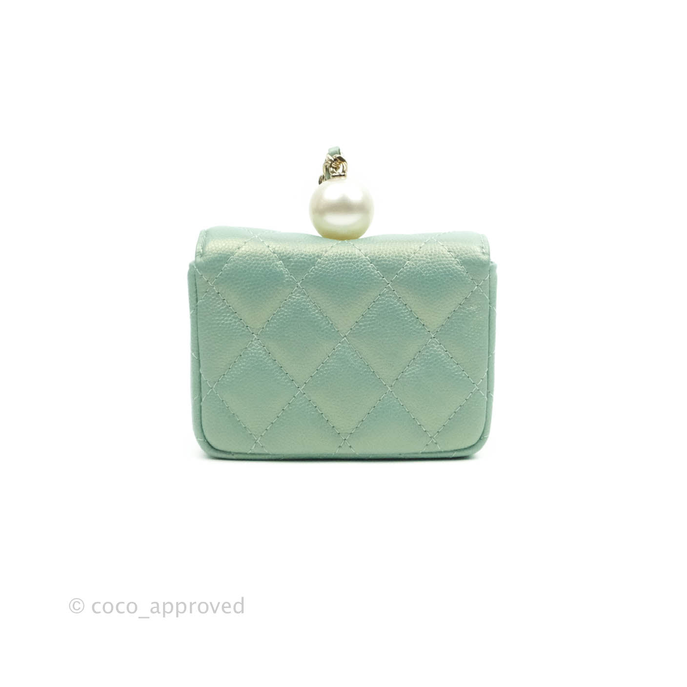 Chanel Quilted Card Holder With Chain Iridescent Mint Caviar Gold Hardware