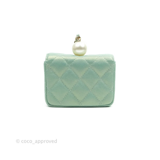 Chanel Quilted Card Holder With Chain Iridescent Mint Caviar Gold Hardware
