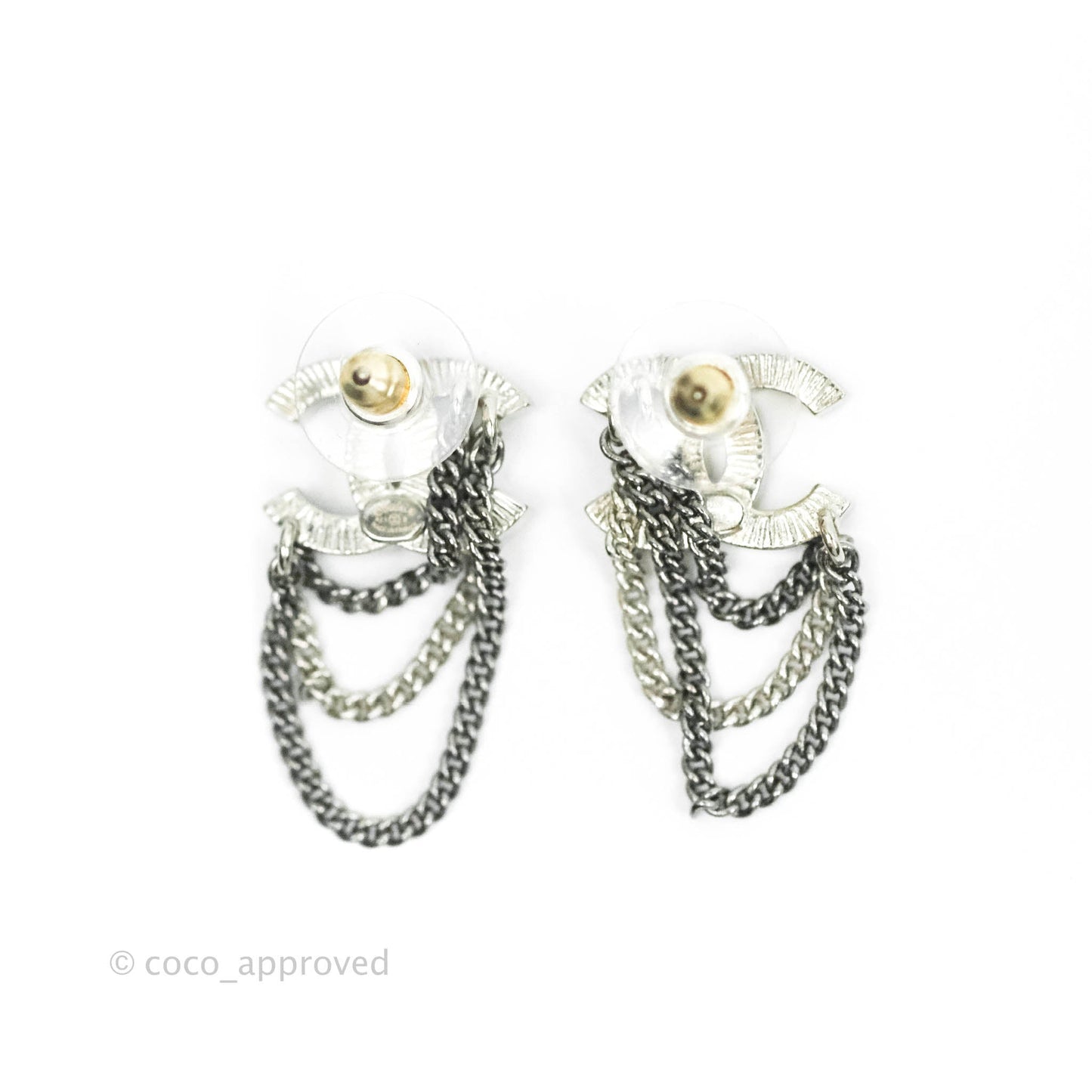 Chanel Crystal CC Chain Pendant Earrings Silver Tone 21B
