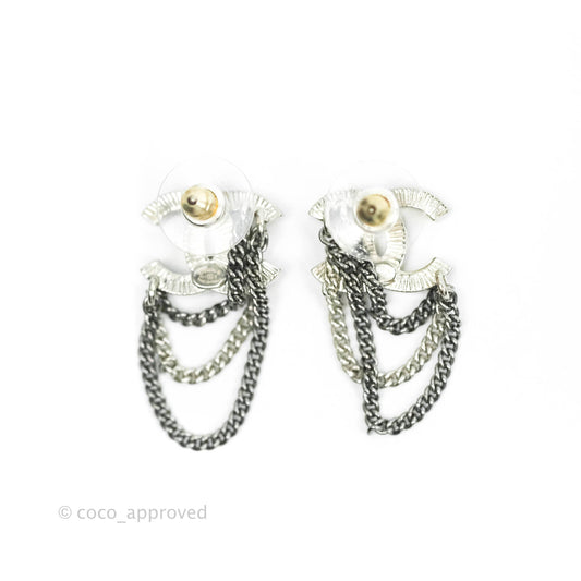 Chanel Crystal CC Chain Pendant Earrings Silver Tone 21B