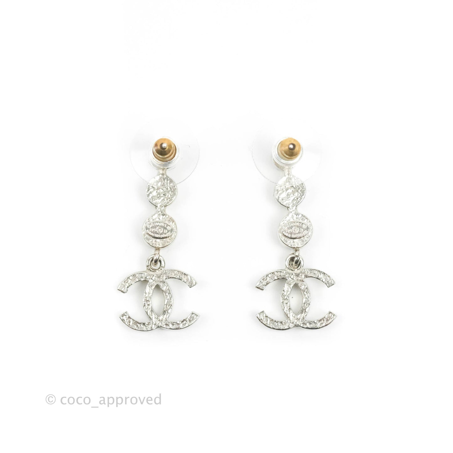 Chanel Crystal CC Drop Earrings Silver Tone 21B